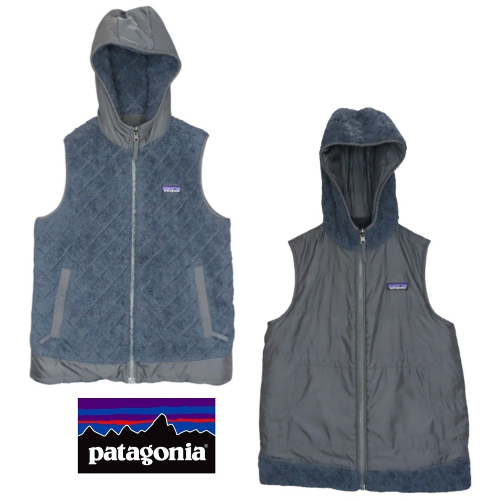 Patagonia Los Gatos Reversible Hooded Vest Gray Quilted Fleece Shell Small‎